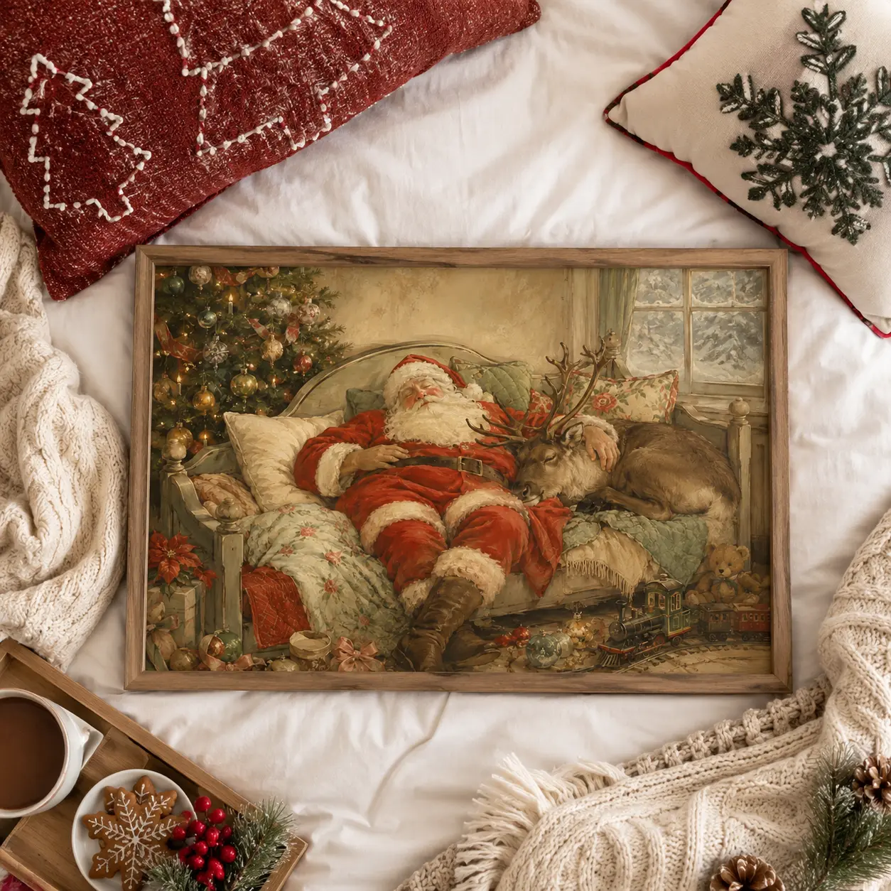 Santa and Reindeer Christmas Wall Art, Sleeping Santa Beside a Decorated Tree, Vintage Storybook Christmas Painting Style Canvas Art or Satin Poster, Cozy Holiday Bedroom Decor