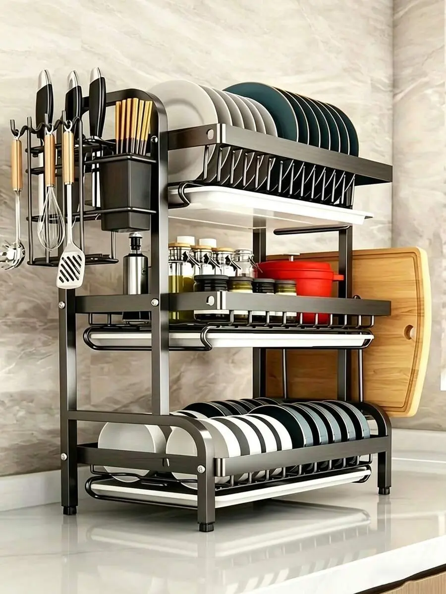 3 Tier Utensil Holder, Rustproof Kitchen Dish Drying Rack With Drainboard And Utensil Holder For Kitchen Countertop, Kitchen Accessories