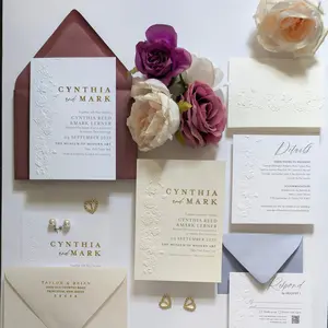 ::SAMPLE:: Gold Foil Wedding Invitation, Emboss Rose Trim Foil Luxe Wedding Invitation Suite with envelopes; Wedding Invitation