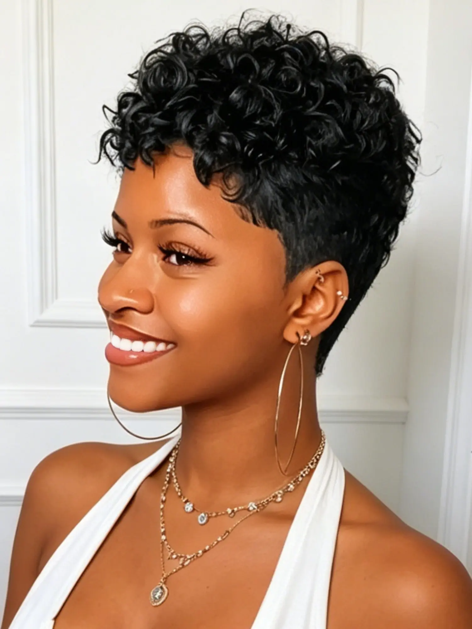 Short Curly Wavy Pixie Cut Human Hair Wig with Bangs for Women Real Hair Wigs