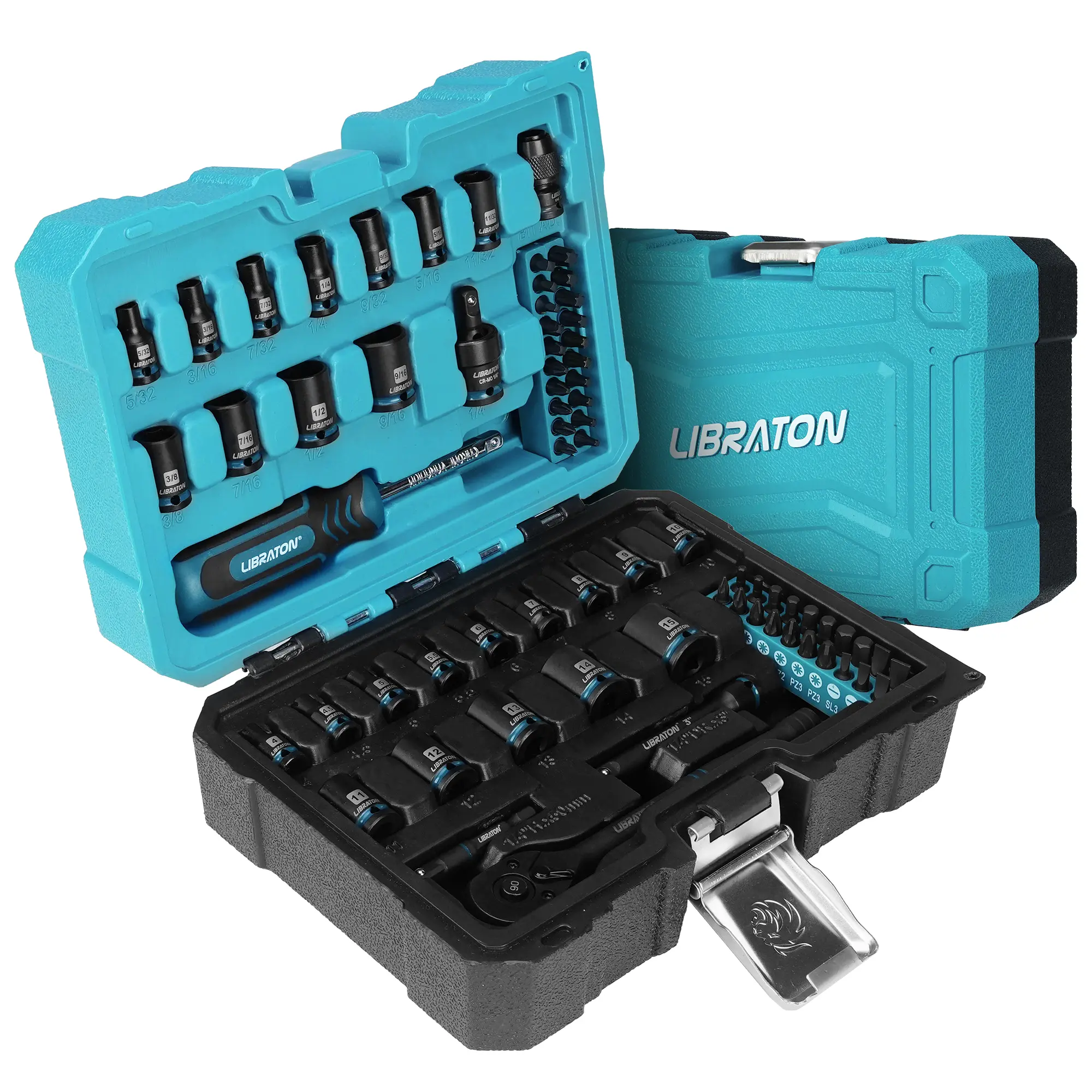 LIBRATON 71PCS 1/4 Impact Socket and Bit Set, SAE(5/32-9/16")& Metric(4-15MM) Impact Socket Set, Cr-V Impact Driver Socket, S2 Screwdriver Bits, 90 Teeth Ratchet Handle, Spinner Handle