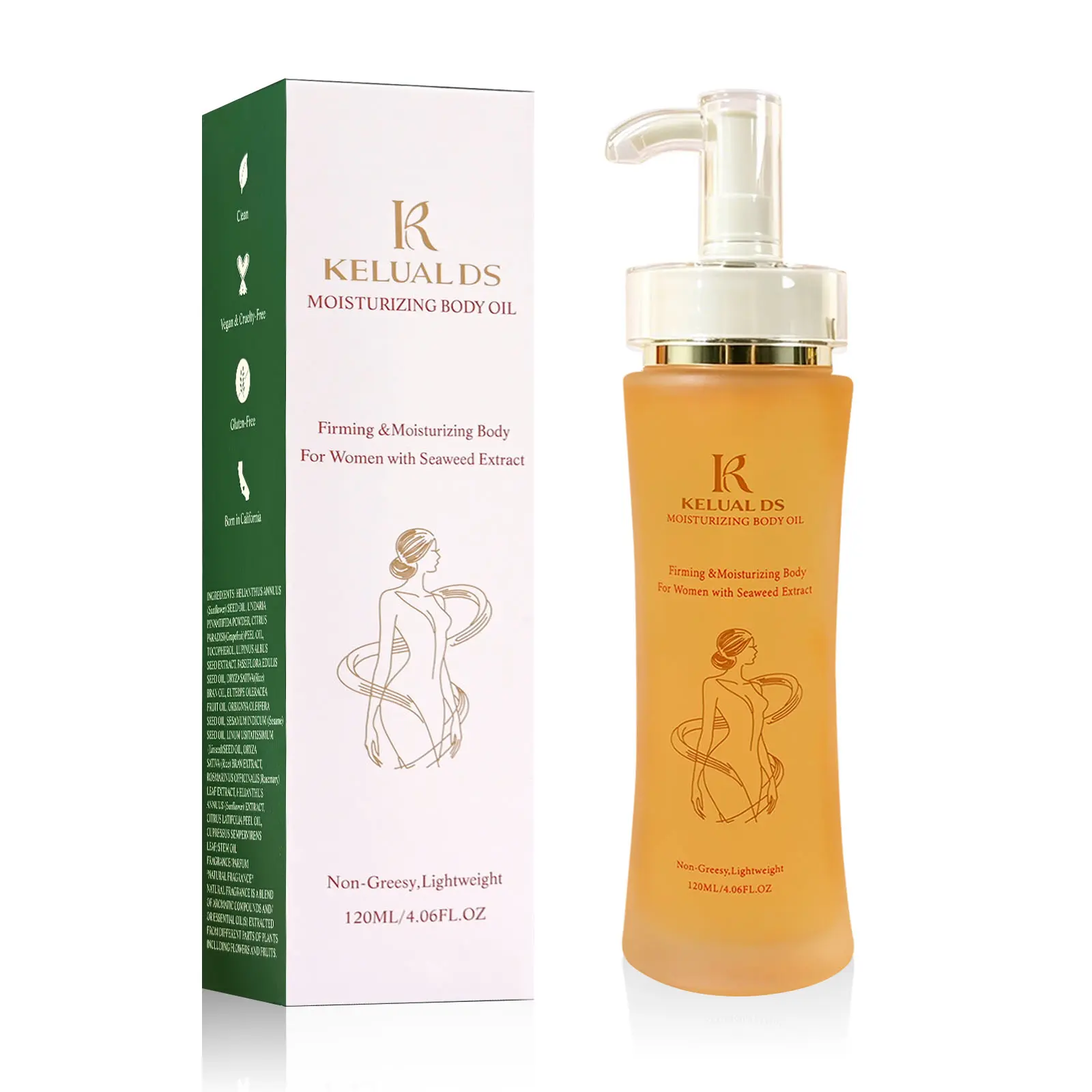 KELUAL DS Undaria Seaweed Extract Body Oil - Scented Fragrance, Gentle Hydrating Liquid, Smooth Firming Nourishing, Clean Lightweight Non-Greasy, Non-GMO Vegan Cruelty-Free, Full-Body Care for Adults, 120ml/4.06oz, 24-Month Shelf Life