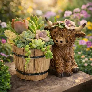 Creative Resin Flower Pot Planter, Adorable Highland Cow Design, Includes Bucket, Perfect for Succulents, Unique Decorative Plant Container