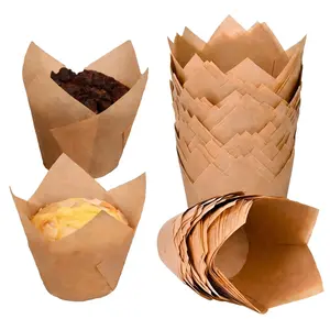 100-Count Standard Size Natural Parchment Paper Tulip Cupcake Liners, Food Grade Greaseproof Wood-Accented Baking Supplies, Eco-Friendly Oven-Safe Muffin Holders for Wedding Parties, Kitchen Bakeware Tools