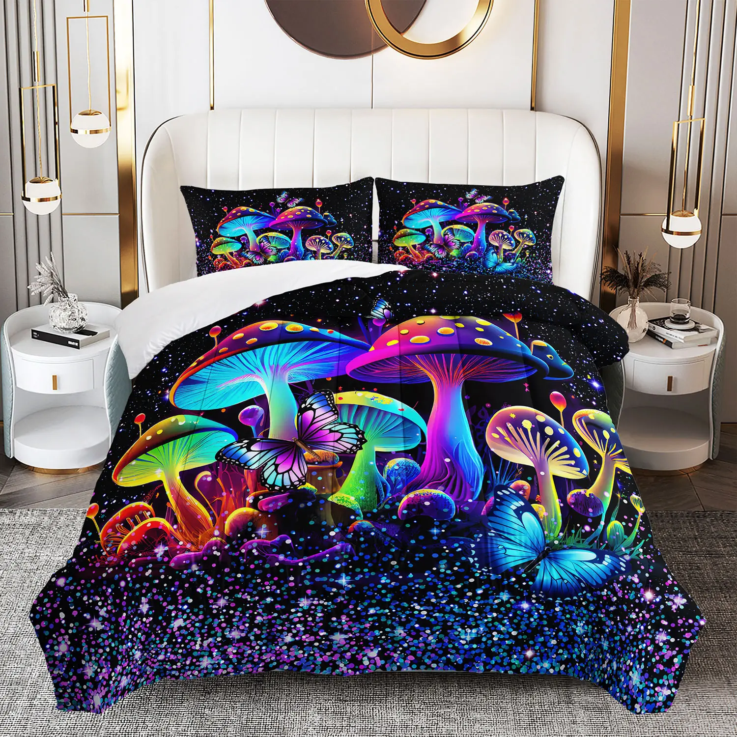 3pcs Mushroom Comforter Set, Fantasy Duvet Set for Girls and Adults Bedroom or Guest Room Decor, Lightweight Soft All Seasons Comforter Machine Washable Microfiber Quilt with 2 Pillowcases, Gifts for the Family