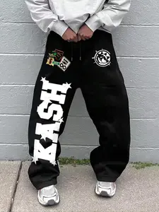 Kash Star Letter Print Wide Leg Thin Sweatpants, Hip-Hop Street Style American Sports Pants, Loose Fit Elastic Waist, All Seasons, Fitness Pants, Athleisure Style Pants, Workout Bottoms, Workout Gym Pants