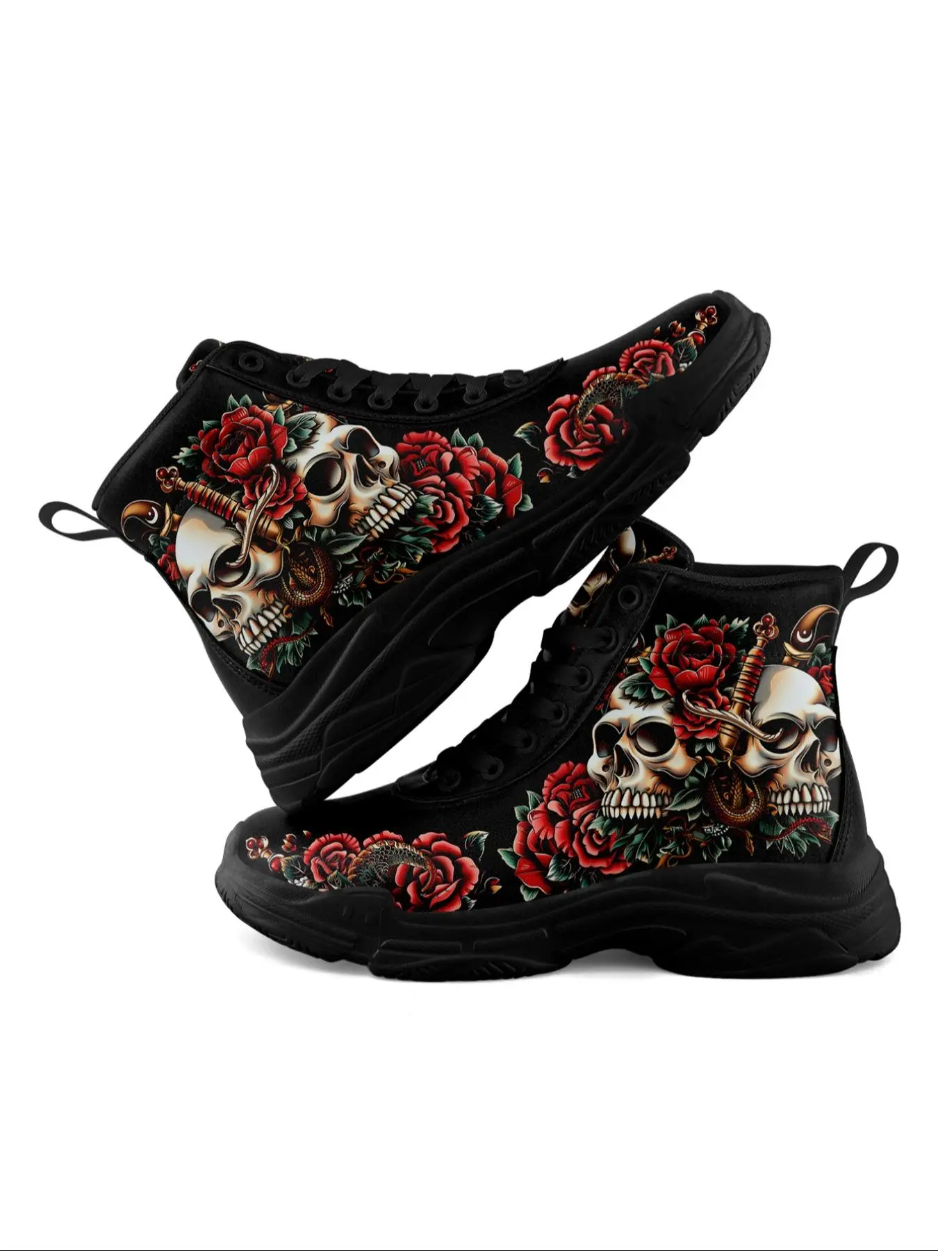 Men's Fashion Gothic Skull & Rose Print Lace Up Front Boots, Casual Comfort Waterproof Lightweight High Top Closed Boots for Daily Wear, Male All-match Trend Shoes for Fall & Winter, Footwear