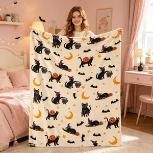 Hay & Harvest Halloween Black Cat Plush Throw, Soft Cozy Blanket with Witch Cat & Pumpkin Print, Fall Home Decor