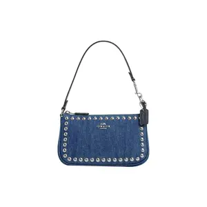 COACH Nolita 19 Embossed Logo Rivet-Decorated Denim and Pebbled Leather Crossbody Bag for Women, Small, Blue
