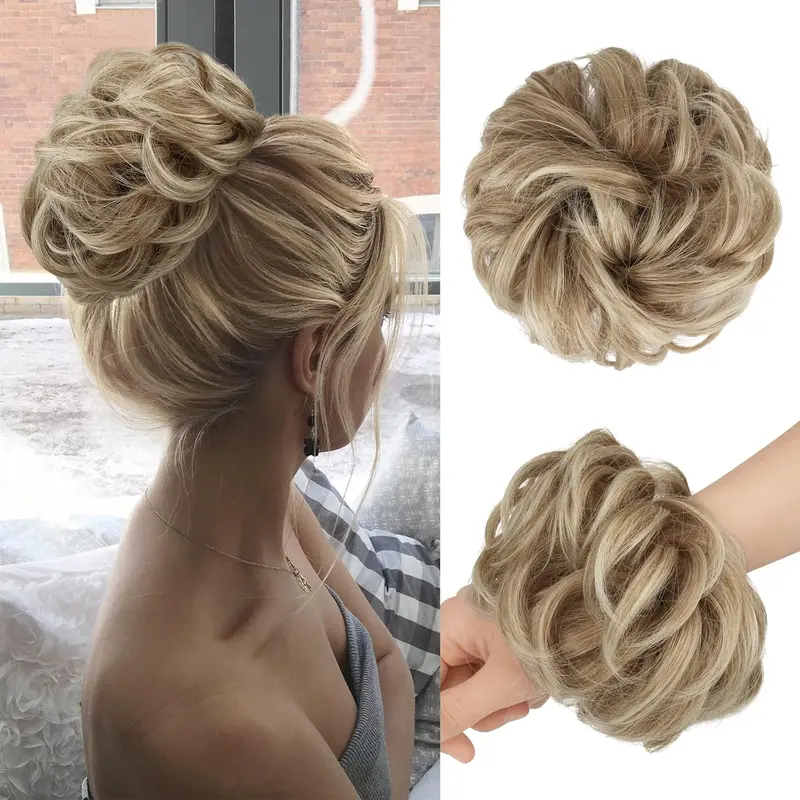 Messy Bun Hair Pieces - Large Wavy Curly Elastic Hair Bun Scrunchies Ponytail Extensions Synthetic Chignon Hairpieces for Women, Mixed Blonde and Ash Blonde Tips 1.94oz