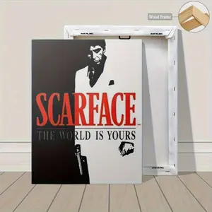 1pc Framed Canvas Photo Print - Black & White Classic Movie Wall Art, "The World Is Yours" Scarface Quote, Pine Wood Frame, Ideal for Living Room, Home Decor Gift, Artistic Ornament