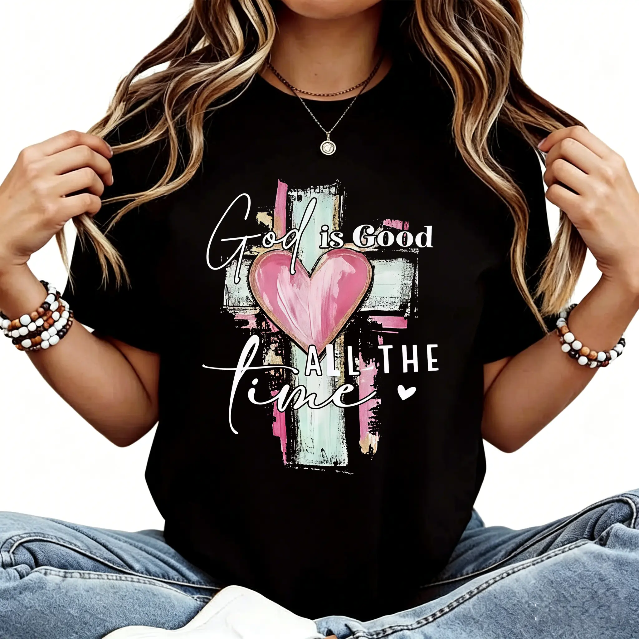 Women's 100% Cotton Casual T-Shirt with Inspirational "God is Good All The Time" Print, Loose Fit Round Neck Short Sleeve, Breathable Summer Top for Outdoor Camping & Holiday Gifts, Allseason Wear | Religious Graphic Tee | Knit Fabric Tee Womenswear Flat