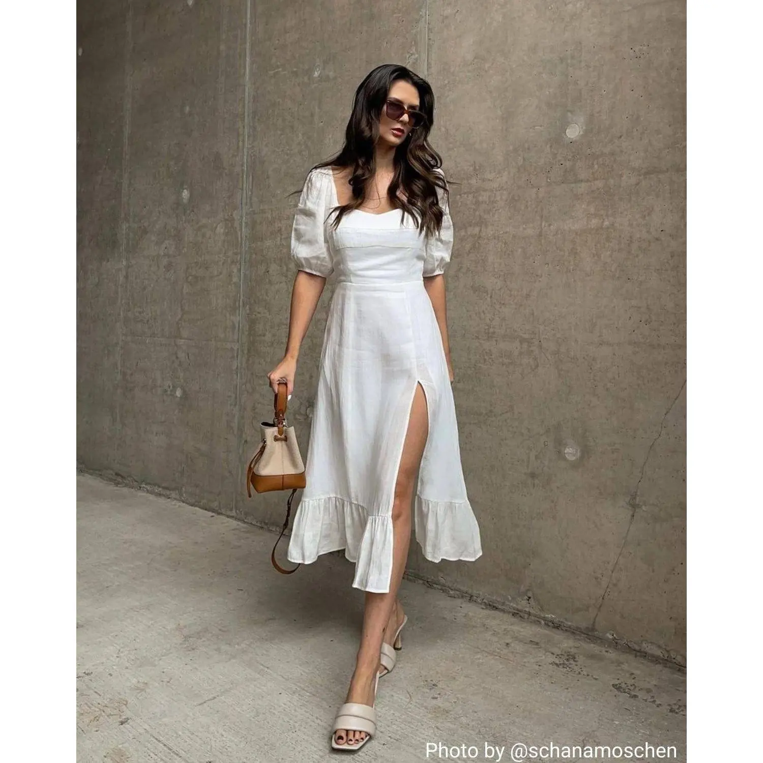 RIHOAS Women's Square Neck Puff Sleeve Midi Dress, Casual Linen Cotton Blend with a Side Slit and Shirred Back Zipper, Fabric