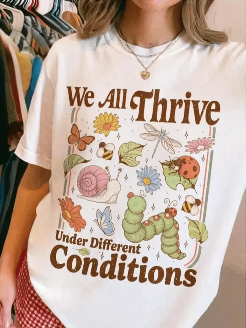 Women's Neurodiversity Short Sleeve Top - Soft Cotton Slim Fitted Round Neck T-Shirt for Special Education Teachers, Insect Print Floral Pattern, "We Thrive in Different Environments" Slogan Casual Wear