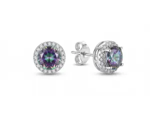6.5mm Mystic Rainbow Zircon Halo Stud Earrings | Hypoallergenic Silver-Plated Jewelry for Women | Dainty Shimmering Rainbow Topaz Earrings | Trendy Everyday Wear & Gift for Her