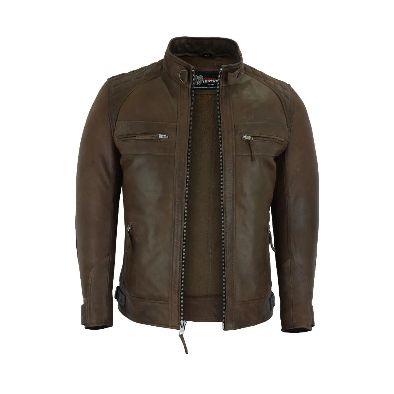 Mens Cafe Racer Waxed Lambskin Chocolate Brown Motorcycle Leather Jacket