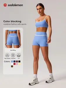 Sodalemon Women's Contrast Binding Crop Sports Bra & High Waist Shorts Sportswear Set, Breathable Comfortable Outfits for Yoga Gym Workout Running, Ladies Sportswear for All Seasons
