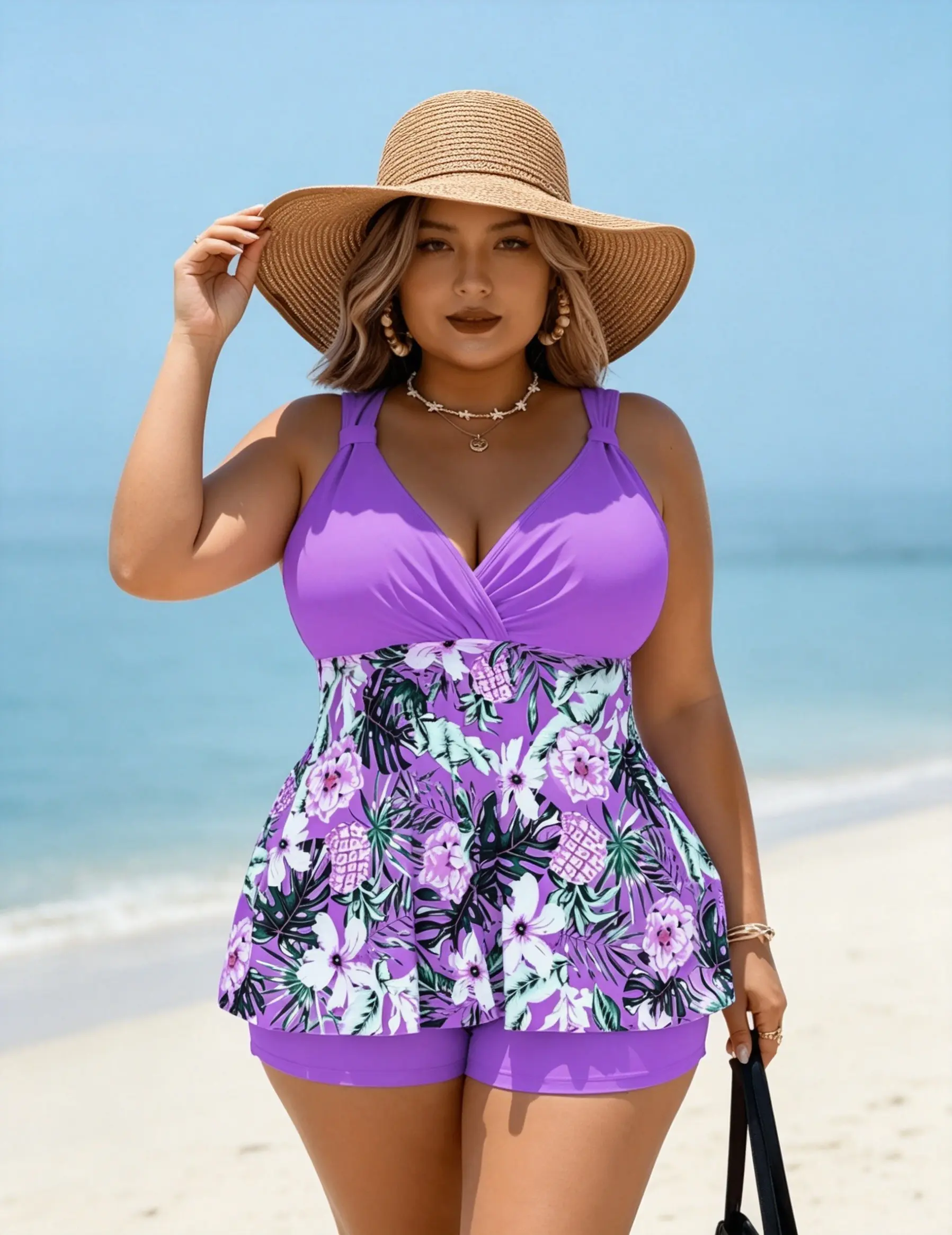 Women's Curvy Plus Size 2-Piece Floral Tankini Swimsuit Set - Fashionable Swimwear Bathing Suits, Tankini Swimsuits Sets, Plus Size Bathing Suits for Curvy Women, Tankini Beachwear, Stylish Swimsuit