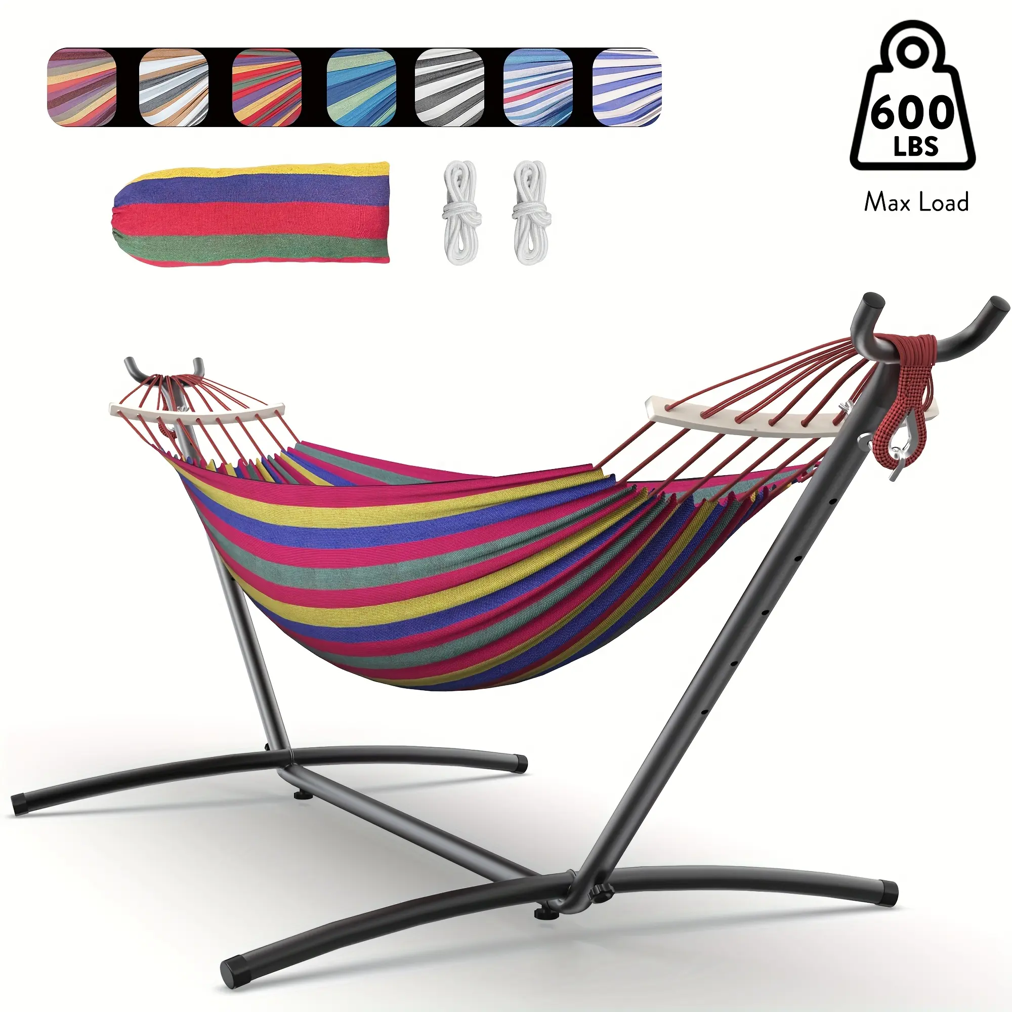 [Stylish Hammock] 600lb Capacity Adjustable Hammock with Metal Stand |   Stylish Double Hammock Bed, Includes Storage Bag & 2 Cushions, Easy Installation for Outdoor Relaxation, Hammocks for Outside