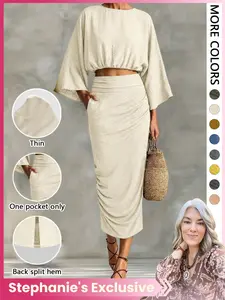 Effortless Casual Loose Two-Piece Set | Batwing Sleeve Top & Mid-Rise Draped Maxi Skirt for Women, Non-Linen Non-Stretch Fabric with Single Pocket, Summer Vacation Boho Outfit & Everyday Wear