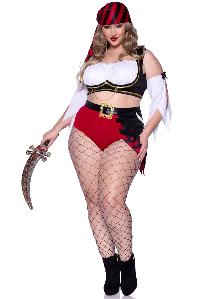 Leg Avenue Women's Wicked Pirate Wench Halloween Costume - 4-Piece Sexy Outfits with Stylish Sleeved Crop Top, Belt, Shorts, Multi-Color, 1X-2X, Pet Accessories (Scarf, Flag) for Dog & Cat Style Complement