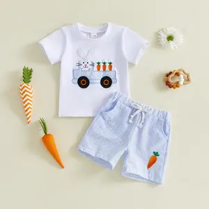 Babamoon Kids Baby Boys Easter Outfits Set Short Sleeve Truck Carrot Bunny Truck Embroidery Tops and Striped Shorts 2pcs Clothing Set 0-3T