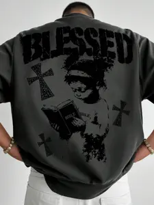 Deep Blessed Gothic T-Shirt, Back Vintage Letter Print, Angel Cross Design, Loose Fit, Streetwear Style, Men's Fashion Tee