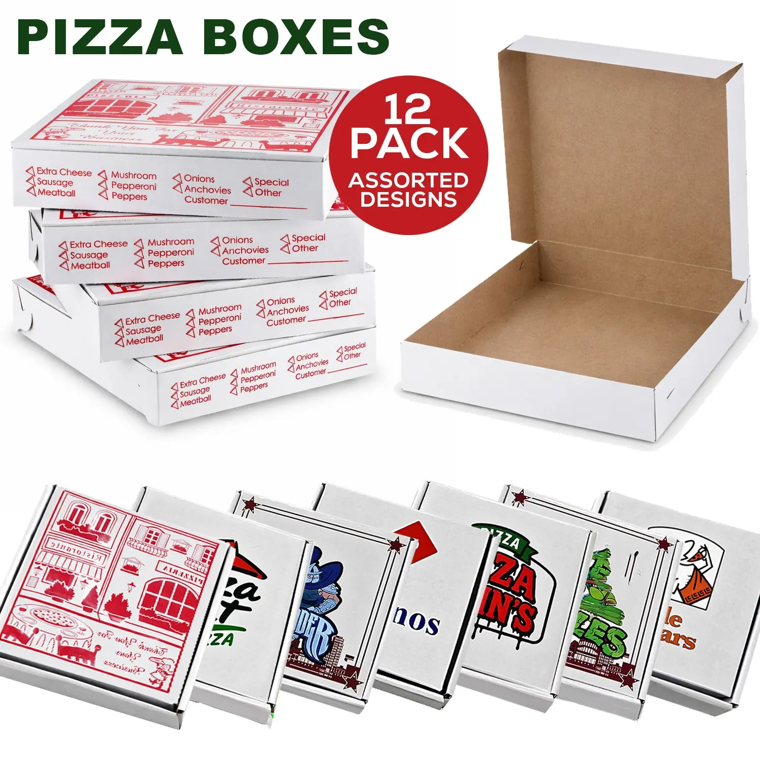 12 Pack Mini Pizza Boxes with Matching Round Inserts – Assorted Designs
