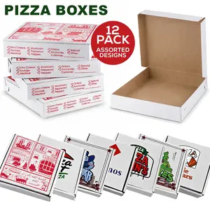 12 Pack Mini Pizza Boxes with Matching Round Inserts Assorted Designs