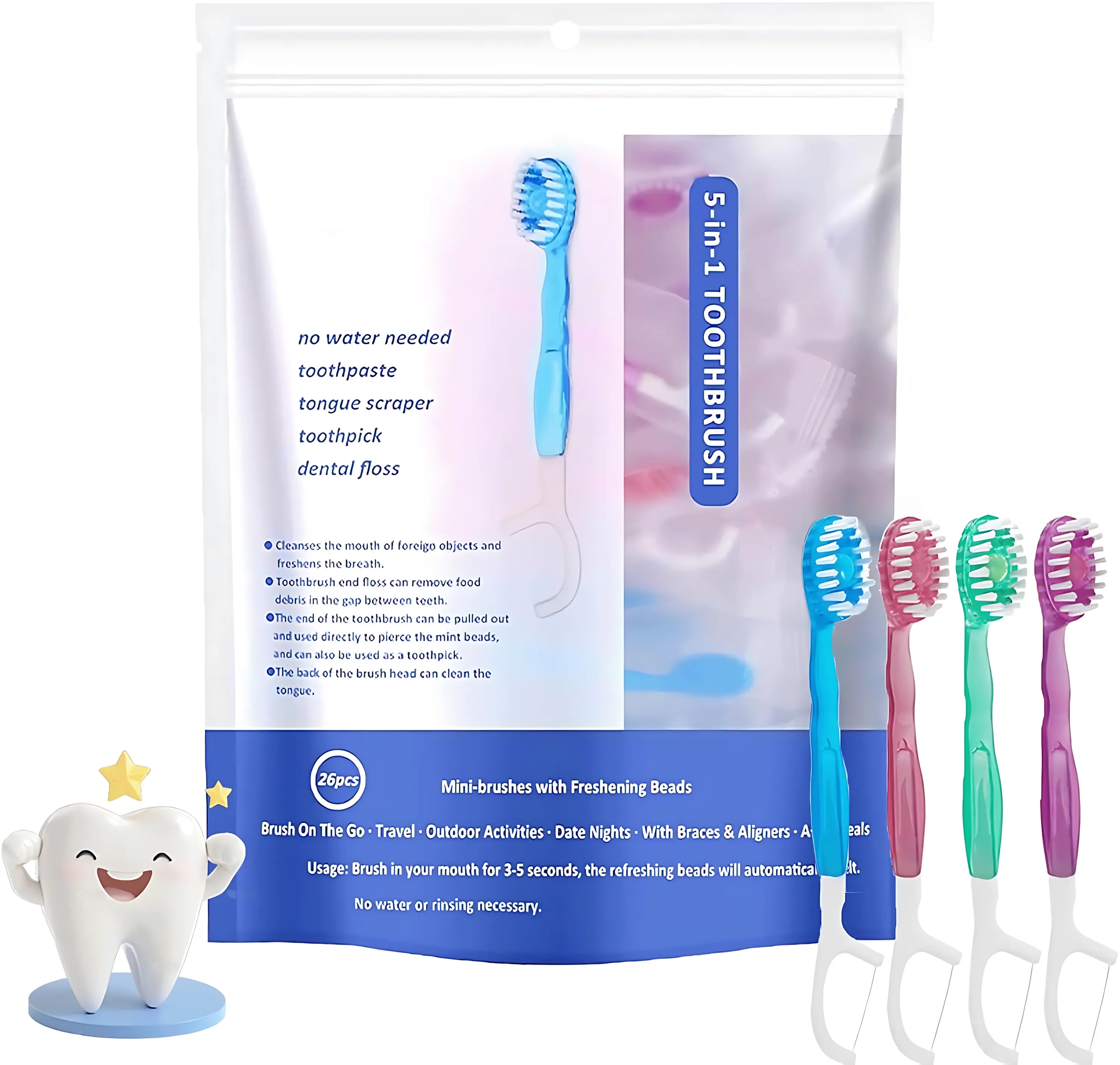 5-in-1 Fresh Breath Toothbrush Set – 26pcs Disposable Mini Toothbrushes with Built-In Toothpaste, Floss, Tongue Scraper & Toothpick. Individually Wrapped Oral Care Kit, Portable Travel Essential for Work, Dating & Business Trips