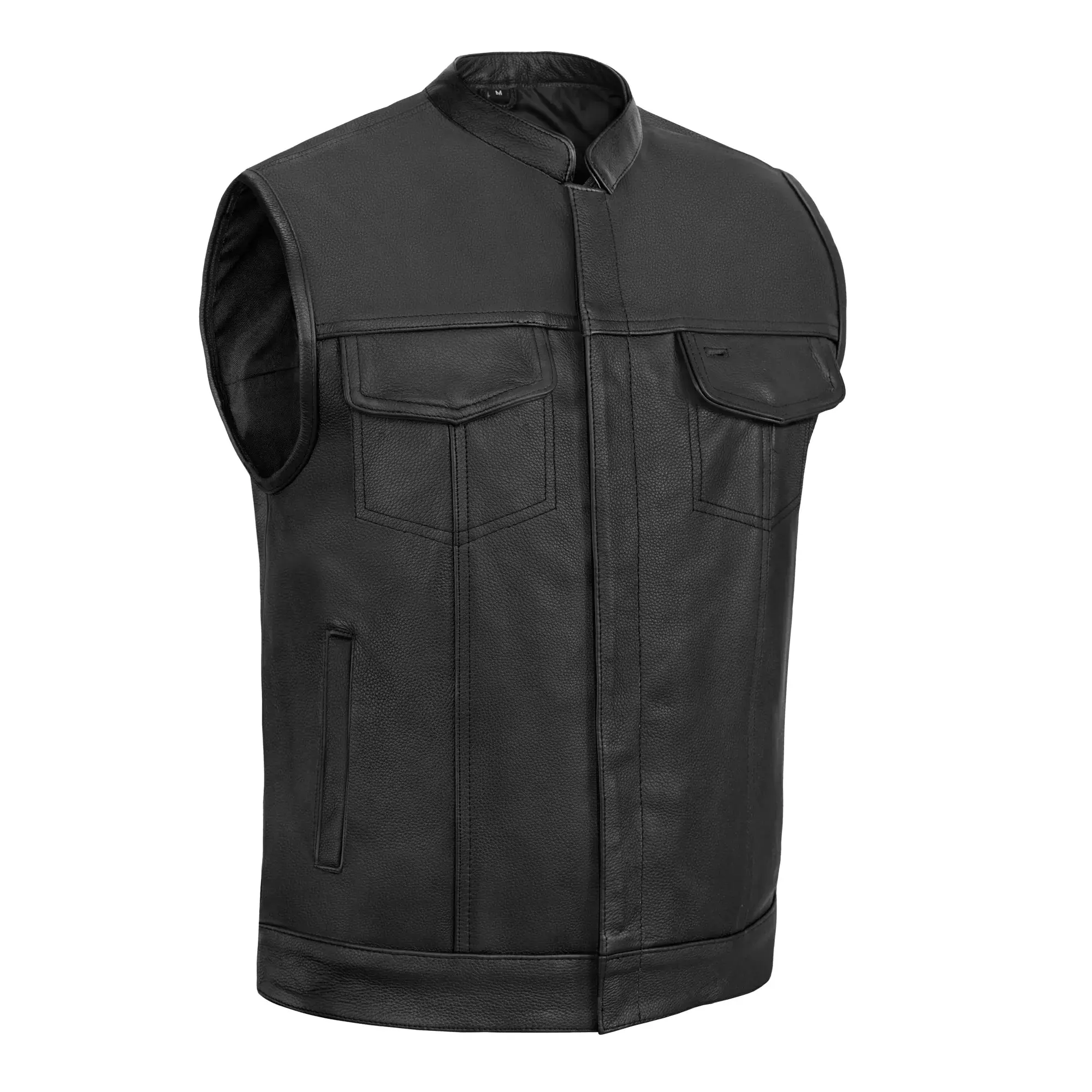 DANIEL SMART Metro Men's Biker Style Moto Leather Vest - Soft Milled Cowhide, Stand Collar, YKK Zipper, Concealed Carry Pockets, Cell Phone Pocket, Reinforced Stitching, Biker Style Vests, Moto Vests