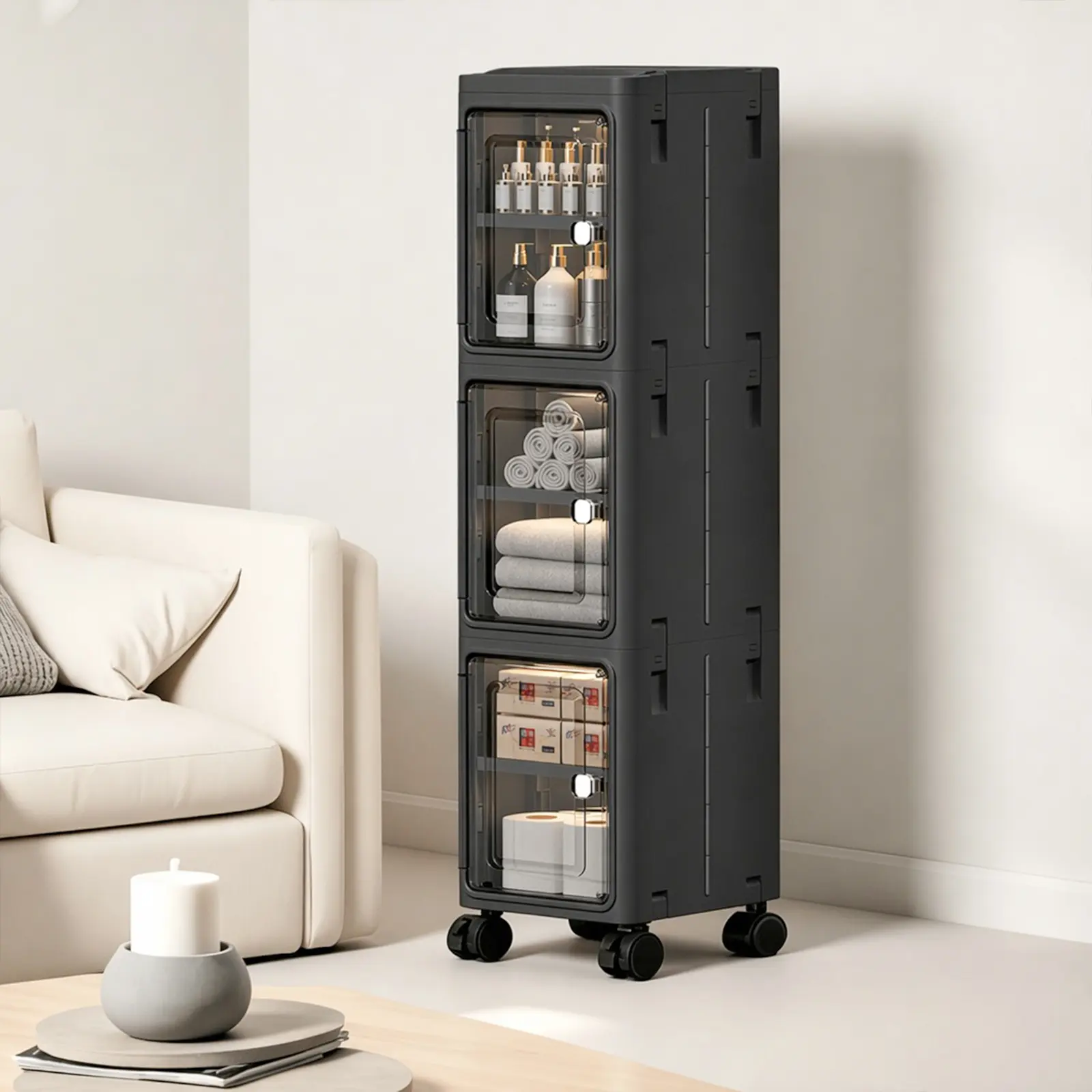 Modern Plastic 5-Tier Lockable Rolling Slim Freestanding Floor Cabinet - Flat Fold, Multi-Tier Storage Unit with 360° Swivel Casters, Adjustable Shelf, Narrow Dustproof Design, Gray-3 Layer, Assembly Required for Bathroom, Kitchen, Mobile Rolling Cabinet,