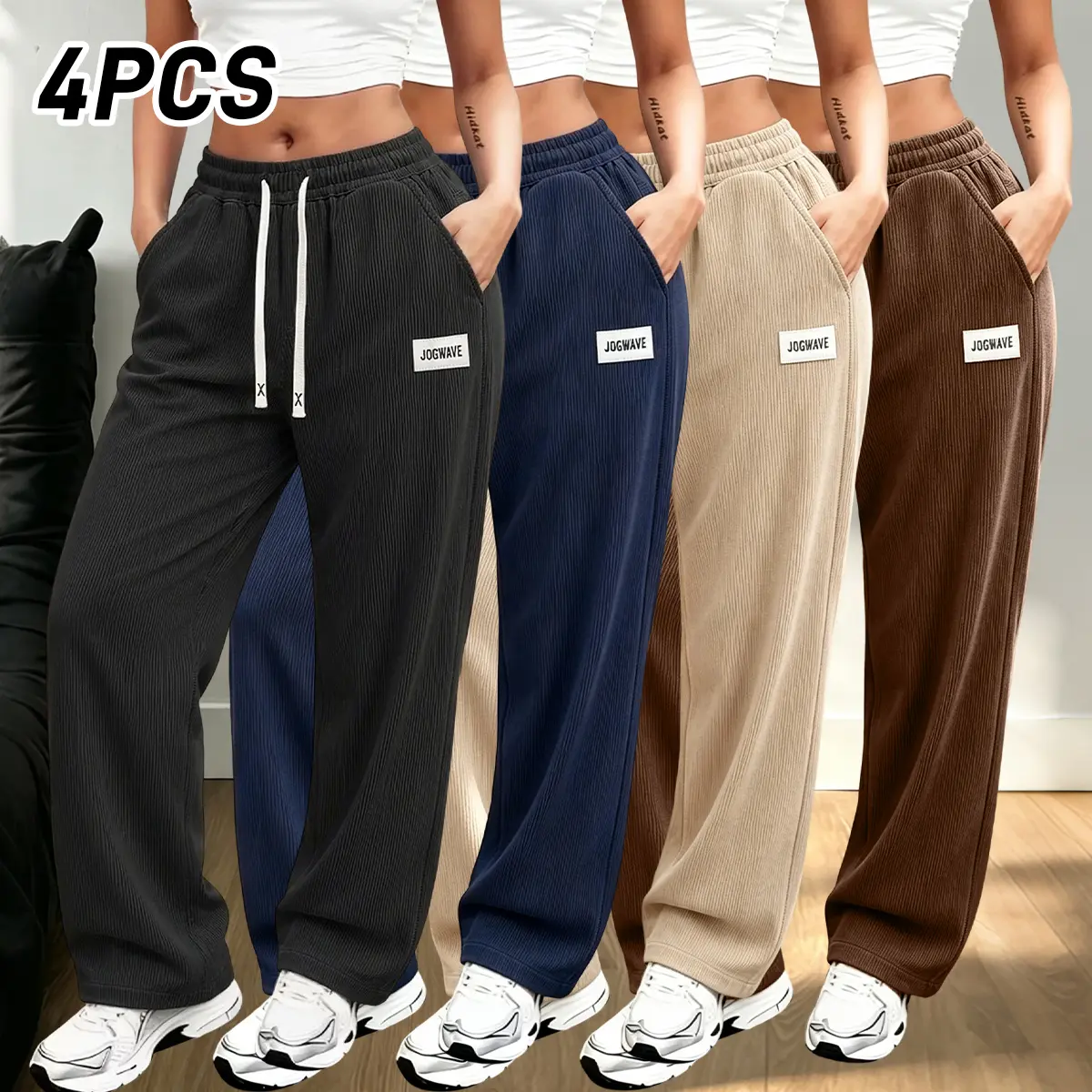Women’s casual wide-leg pants, 4-pack, drawstring design, solid colors and comfortable, loose, relaxed fit, suitable for sports and everyday wear; women’s clothing, ladies’ apparel, women’s bottoms baggy