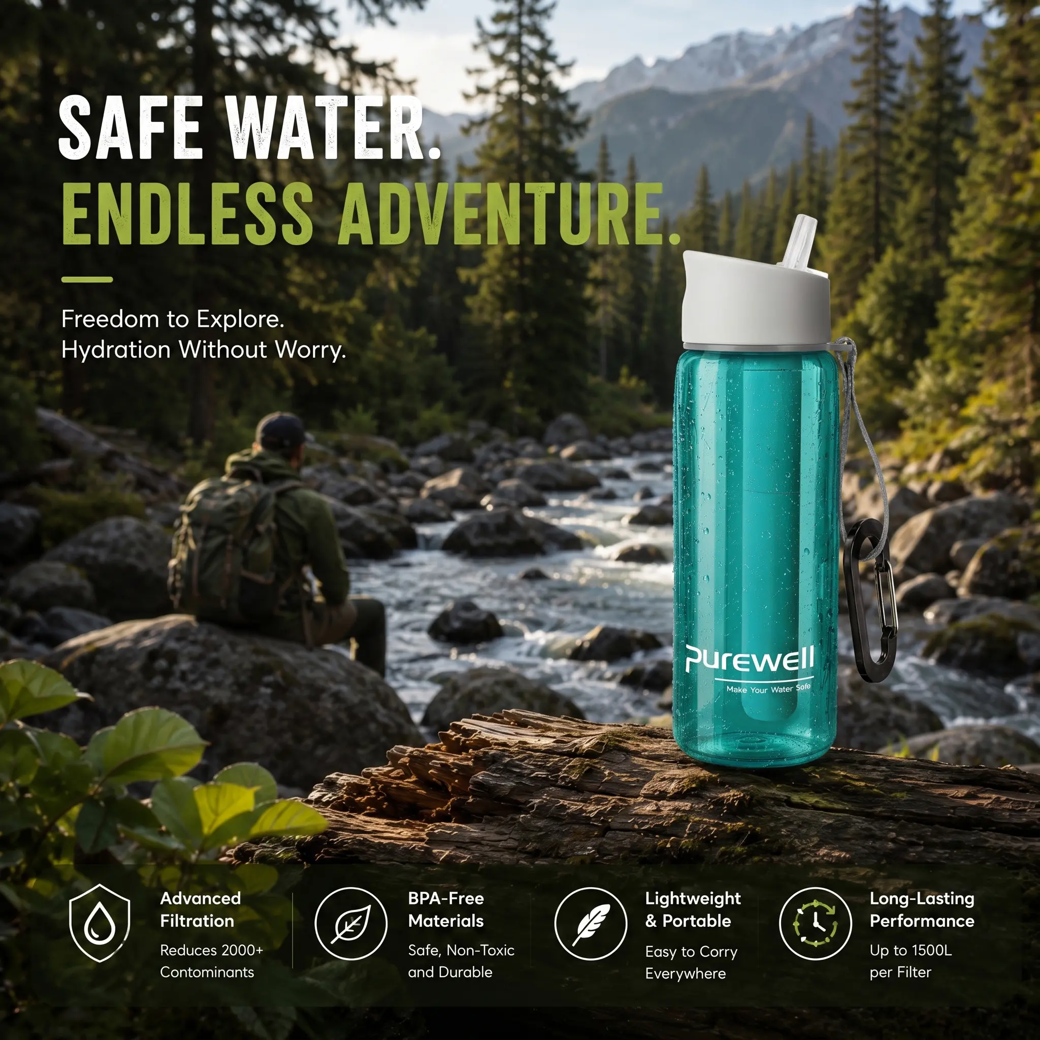 Purewell Water Filter Bottle, 22oz Filtered Water Bottle with 5-Stage Filtration, BPA-Free Water Purifier for Camping, Hiking, Backpacking, Survival, Emergency Preparedness, Outdoor Adventure, Travel, Trekking, Fishing, Hunting, Backpacking Gear