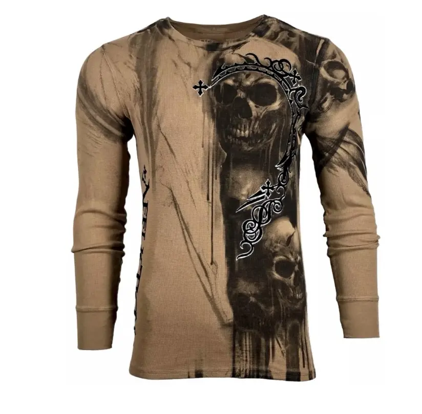 AFFLICTION Men's Long Sleeve Thermal Shirt WALKING DEAD Skull Biker MMA  S -5XL