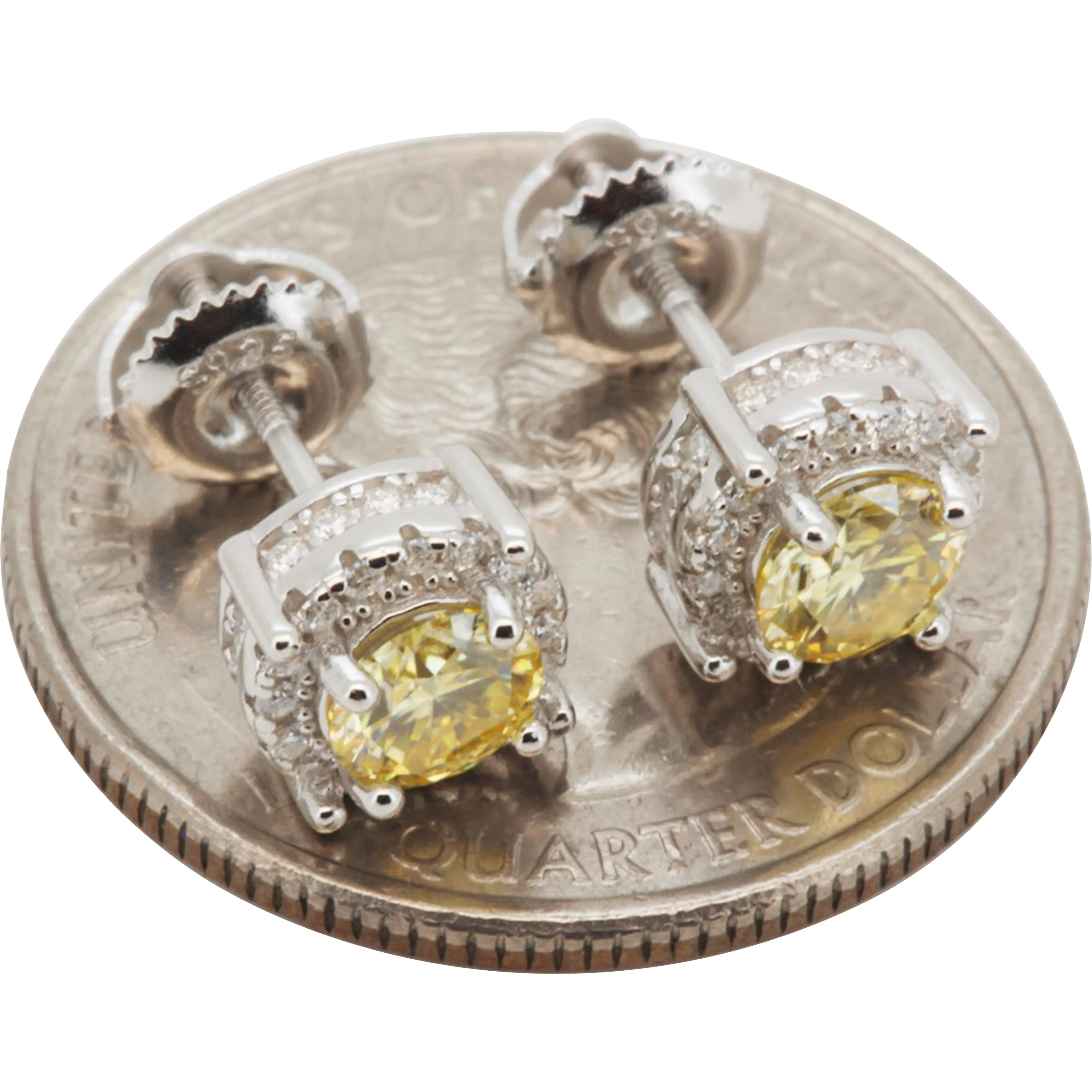 Moissanite Canary 925 Sterling Silver Halo Circle Screw Back Stud Earrings