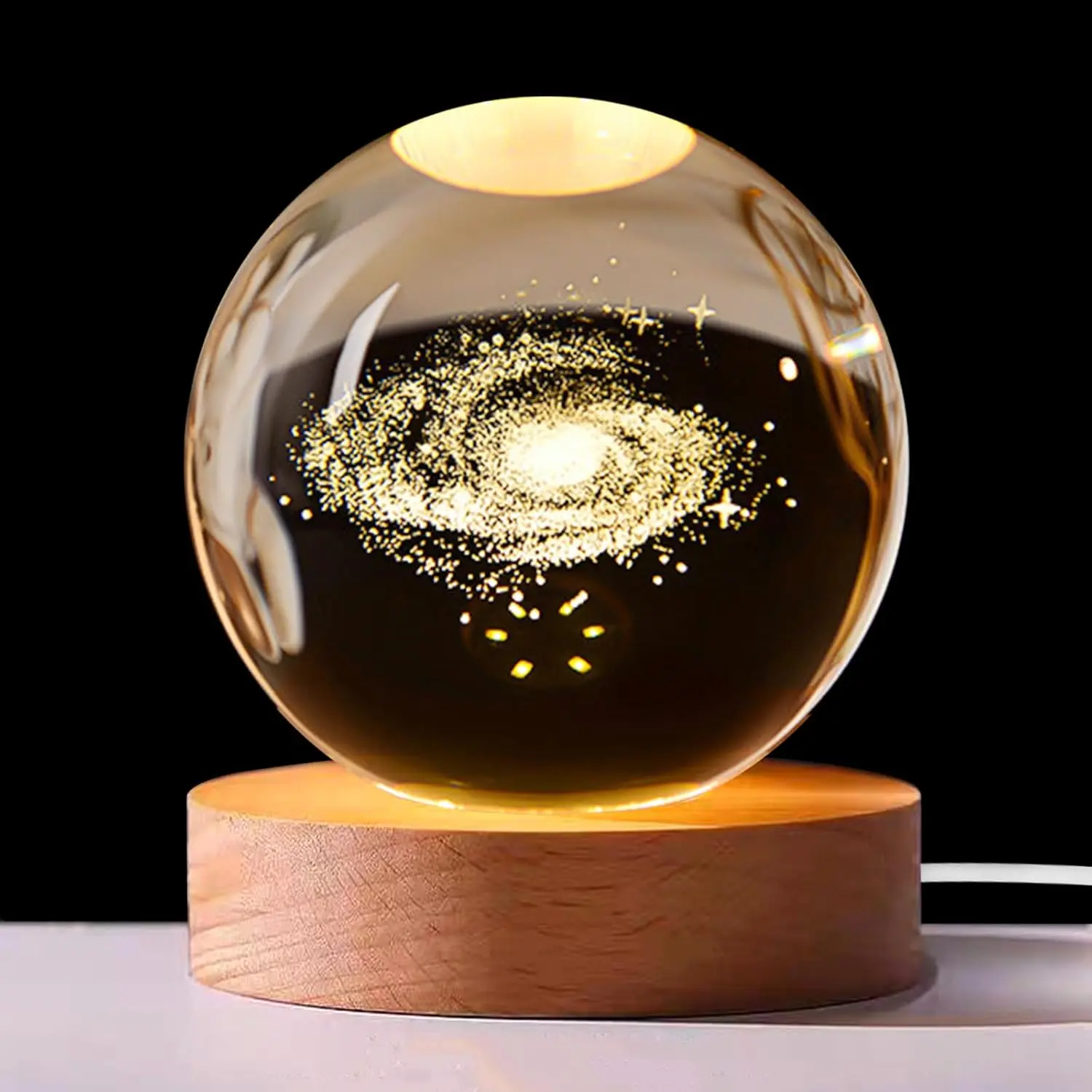 3D Galaxy Crystal Ball Nightlight Galaxy Plane Glass Ball Night Light with Gift Box Wood Base Decorative Warm Light Astronomy Space Gifts for Birthday Christmas, Led Light, Starry Sky Light