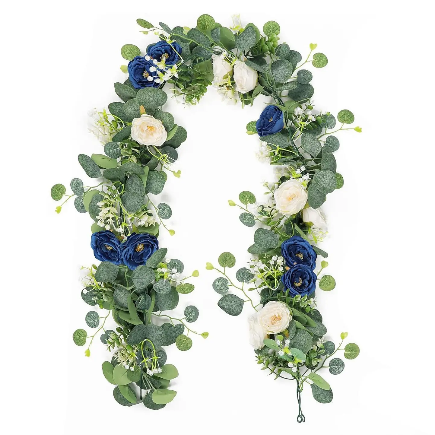 2 Pcs 6ft Artificial Eucalyptus Camellia Garland, Artificial Flower, Artificial Flower Arrangements, & Blue Roses, Faux Rose Floral Vine, Wedding, Home Party, Table Decor, Springdecoration