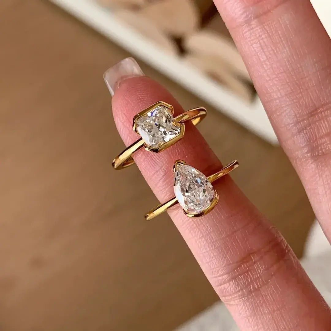2026 925 Sterling Silver Open Finger Ring Golden Clear CZ Square Droplet Geometric Punk For Women Jewelry Gift Dropship Wholesale
