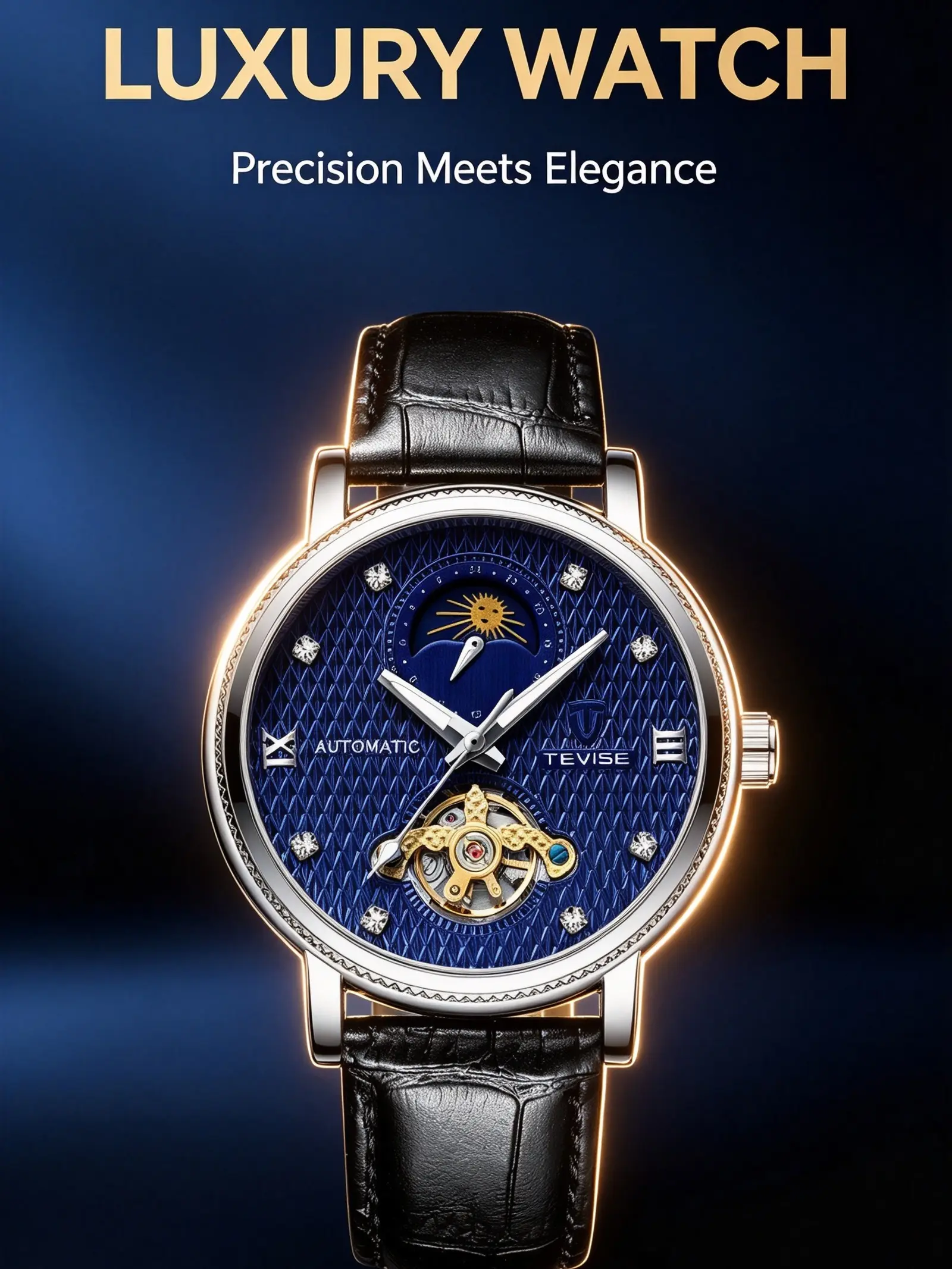 TEVISE Men's Automatic Mechanical Wrist Watch - Father's Day Gift, Round Shape, Luminescent Face, 24-Hour Function, Waterproof, Leather Strap, Fashion Men's Watch, Automatic Movement