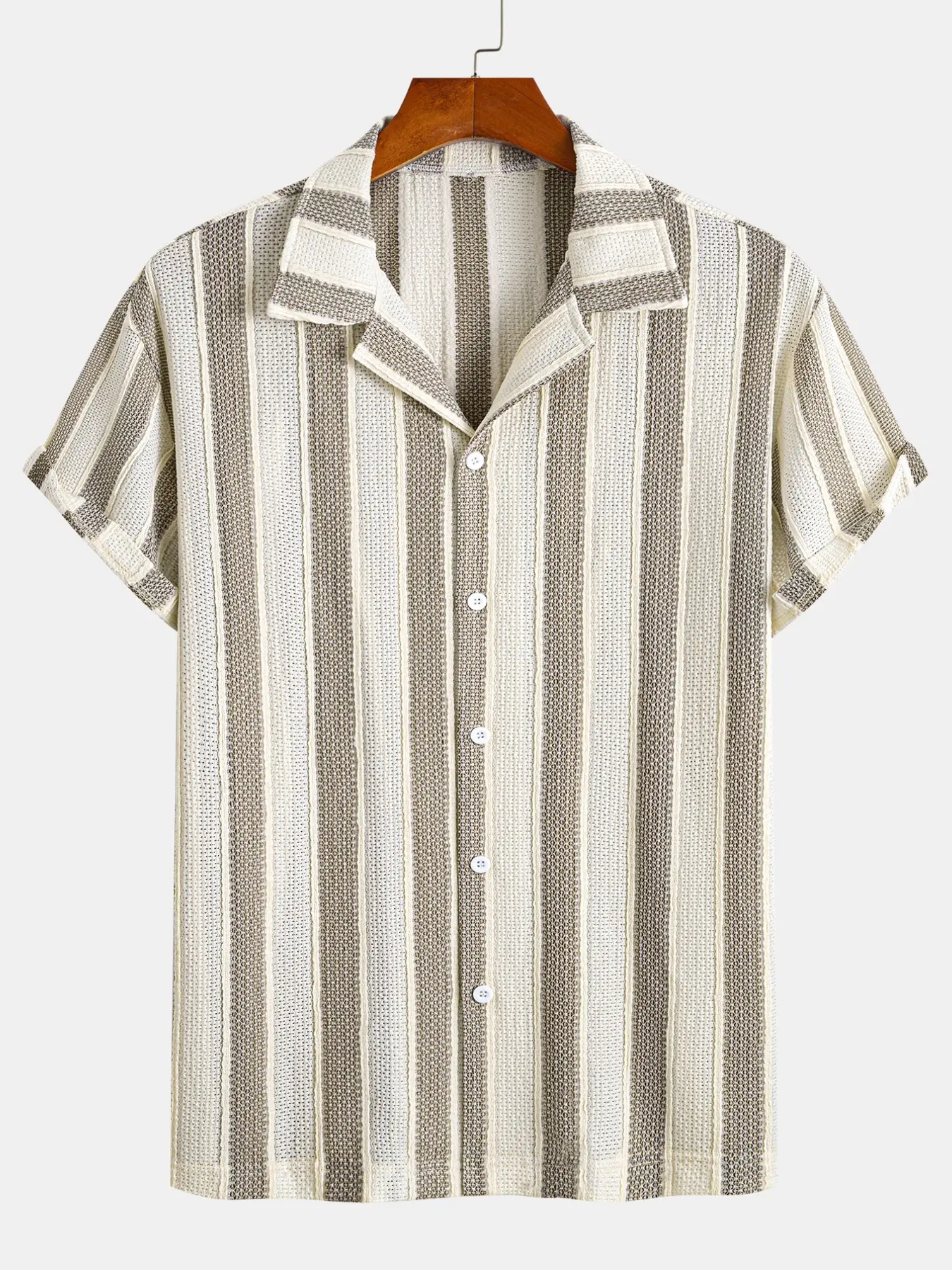 Men's Stretch Knitted Jacquard Striped Short Sleeve Shirt, Casual Relaxed Fit Lightweight Breathable Business Daily Summer Tops, Comfortable and Stylish, Casual Collared Shirt, Summer Shirts