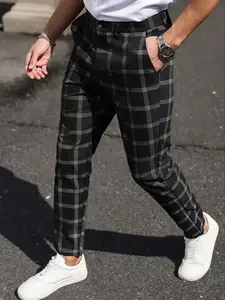 Men's Houndstooth Checkered Casual Pants, Summer Lightweight Stretch Fitted Straight Leg Long Pants, Trendy Versatile Suit Pants