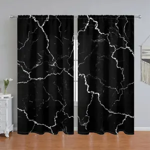 2Pcs Modern Black and White Marble Pattern Curtain Panels, Semi-Sunshade Pole Pocket Style, for Home Living Room Bedroom Balcony Kitchen Study Shower Window Decoration, Accessory, Home Textile, Anti Privacy.