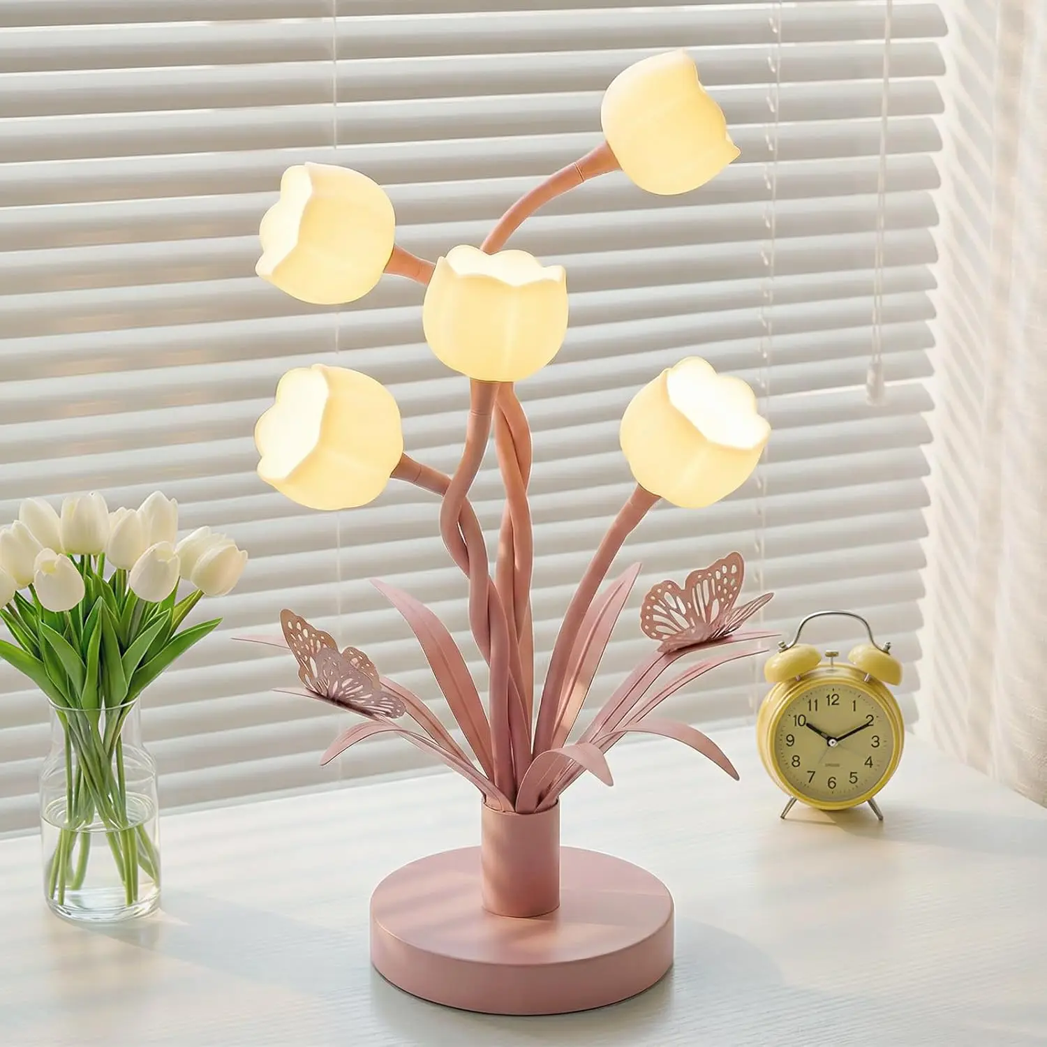 MATULSA Pink Flower Table Lamp, 5-Light Adjustable Gooseneck Cute Desk Lamp, Vintage Bedside Reading Night Light with 5 Tulip Shades, Retro Flower Lamp for Home Office Girls Dresser, G4 Bulbs Included
