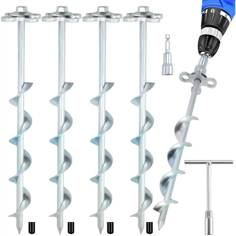 Solid Steel Tent Anchors 4-Pack, 12 Inch Heavy Duty Spiral Stakes with Functional Hook Rings, Camping & Outdoor Accessories with Drill Adapter, Easy Installation, Enhanced Spiral Blade Grip, Movable Hooks And Rings