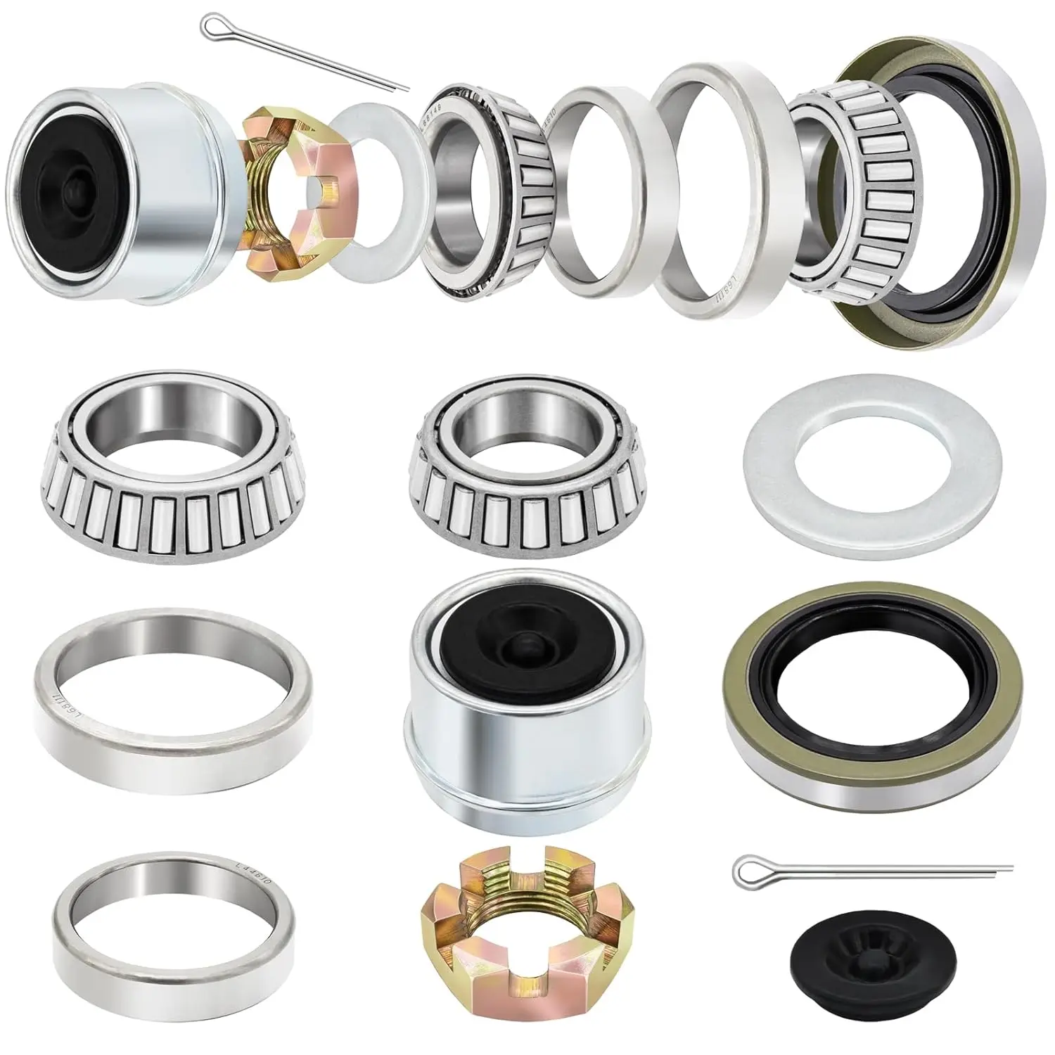 2 Sets Trailer Axle Bearing Kit 3500 lb, L68149 & L44649 Bearings with 171255TB Grease Seals, Dust Caps & Spindle Nuts, Fits #84 Spindles 1-1/16" to 1-3/8"