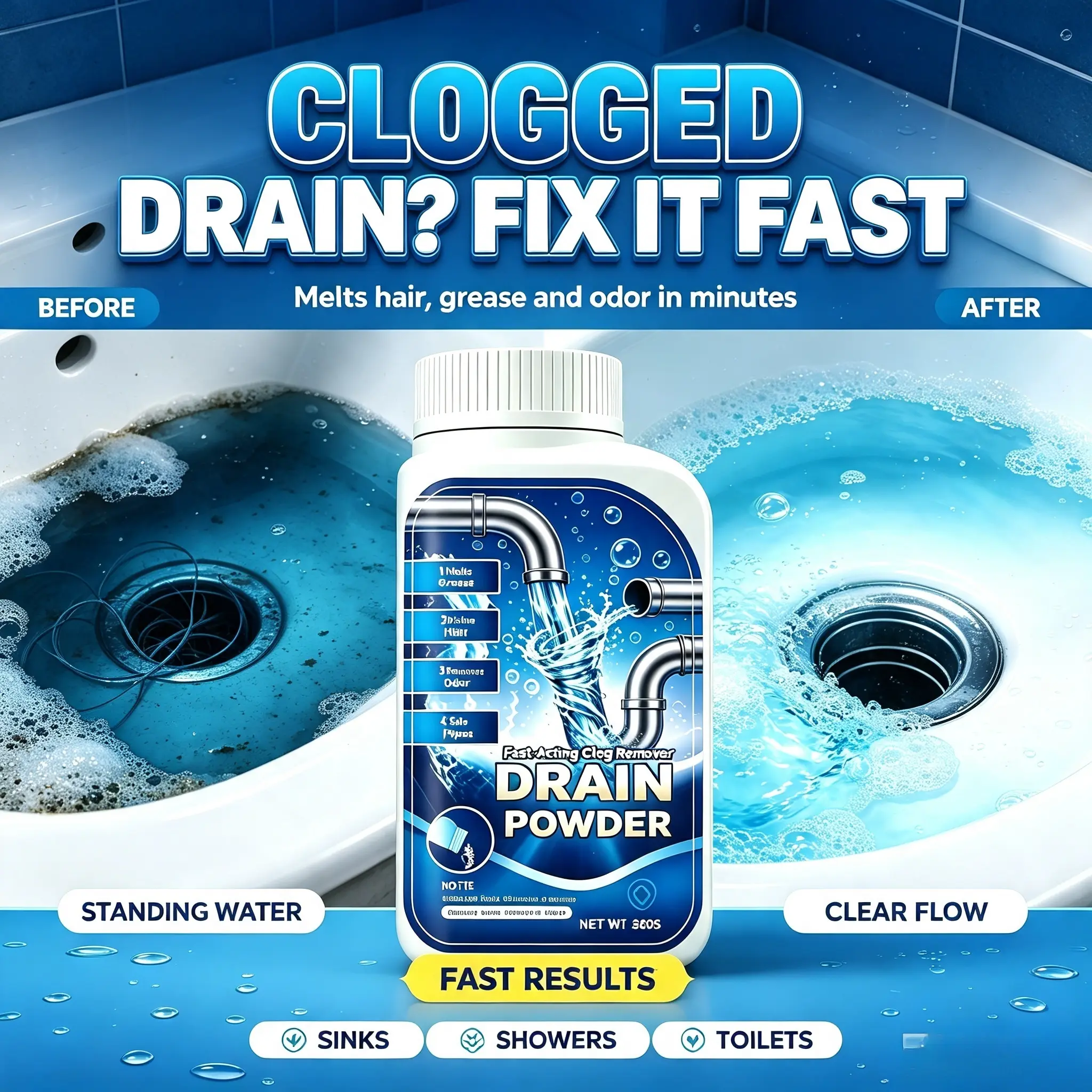 1/2/3/4/6/12 pcs of powerful pipe opener, drain opener, household cleaner, kitchen and bathroom sewer dredging powder, sewer dredging artifact, quick dissolution, deodorization and anti-clogging, quick dredging, suitable for most pipes
