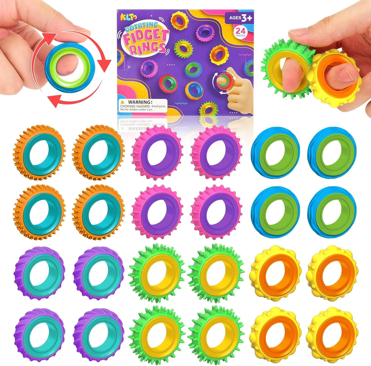 LESONG Plastic Sensory Fidget Rings (12-Pack or 24-Piece Set), Unisex Indoor Stress Relief Toy & Accessory, Enhances Fine Motor Skills, Tactile Fun, Ideal for Kids, Christmas Stocking Fillers, Classroom Prizes