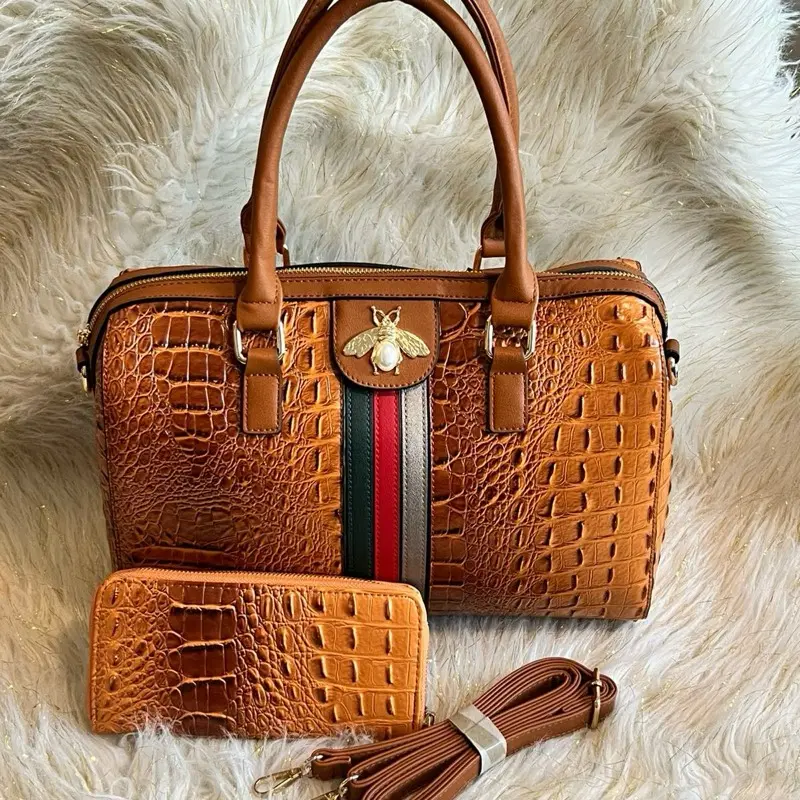 Large Handbag with Matching Wallet - Brown Crocodile Texture Design & Bee Charm Included
