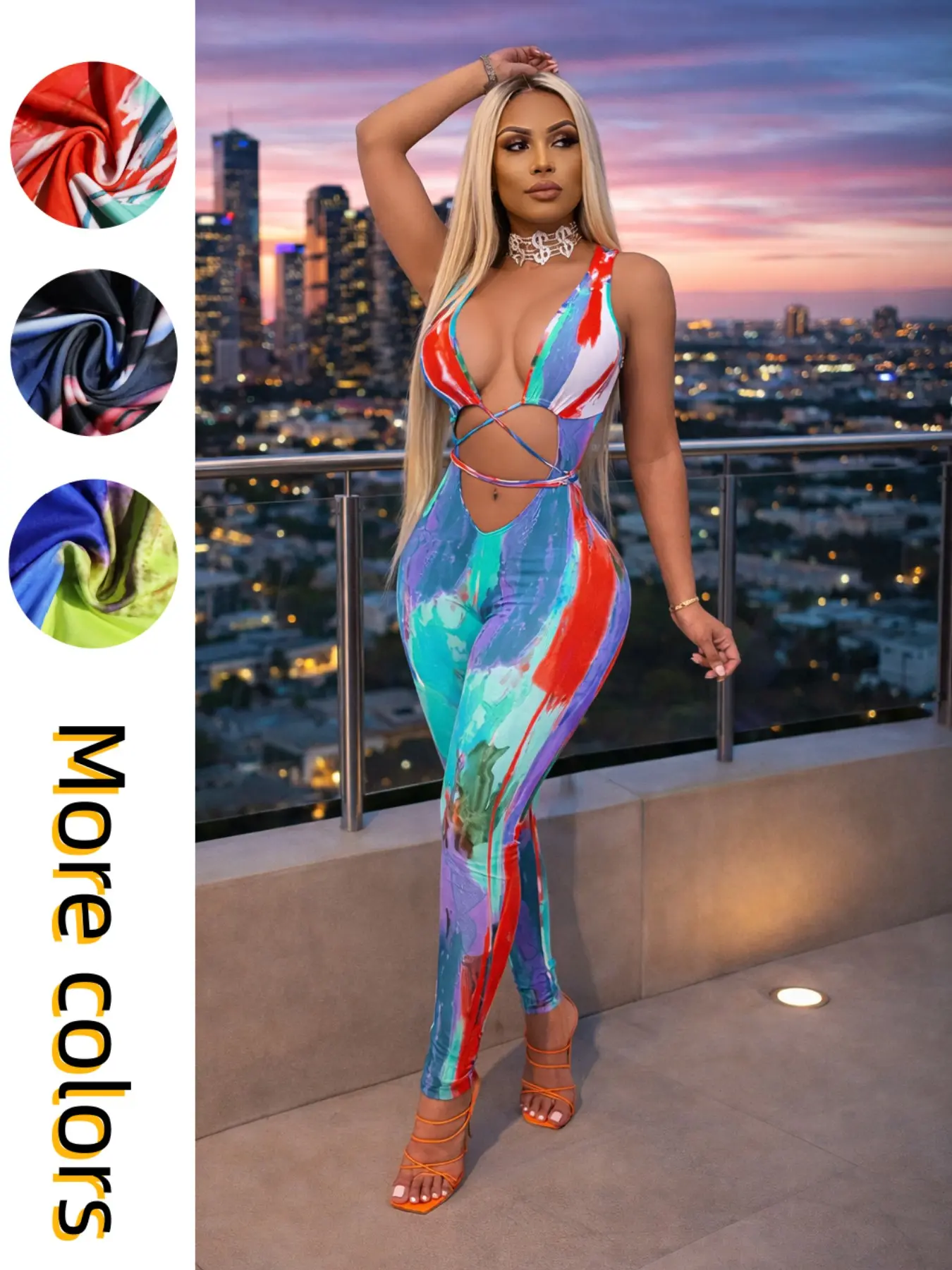 Women’s Tie-Dye Cutout Bodycon Fashionable Jumpsuit, Stretch Skinny Fit Sleeveless Halter Design, Sexy Clubwear One Piece Outfit for Night Out, Party & Vacation Summer Fashion